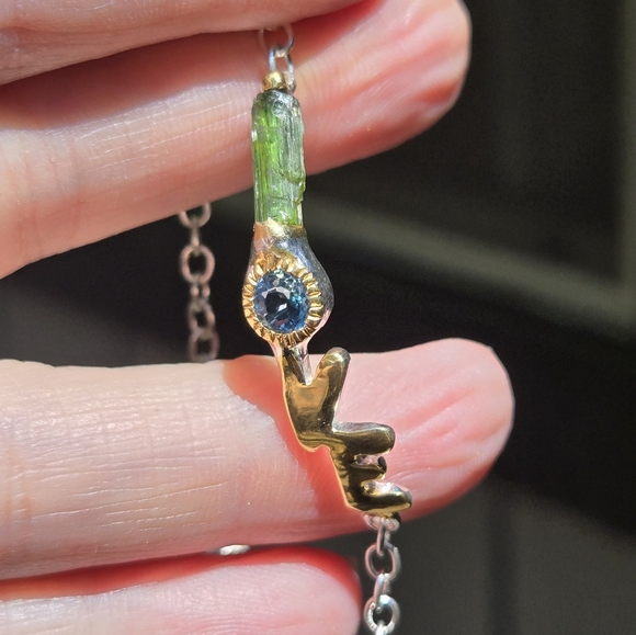Tourmaline & Topaz Sterling & Gold handmade "LOVE" Bracelet 7" - Picture 3 of 9